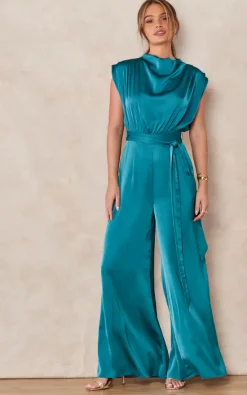 Top 10 ❤️ Edie B. Saffy Teal Satin High Neck Sleeveless Jumpsuit ????