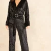 Best deal ???? Chekani Faux Wrap Long Sleeve Jumpsuit With Diamante In Black Velvet | Ariana ????