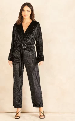 Best deal ???? Chekani Faux Wrap Long Sleeve Jumpsuit With Diamante In Black Velvet | Ariana ????