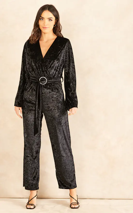 Best deal ???? Chekani Faux Wrap Long Sleeve Jumpsuit With Diamante In Black Velvet | Ariana ???? 1 Best deal ???? Chekani Faux Wrap Long Sleeve Jumpsuit With Diamante In Black Velvet | Ariana ????