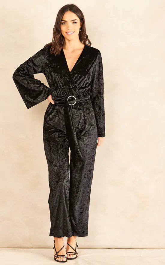 Best deal ???? Chekani Faux Wrap Long Sleeve Jumpsuit With Diamante In Black Velvet | Ariana ???? 2 Best deal ???? Chekani Faux Wrap Long Sleeve Jumpsuit With Diamante In Black Velvet | Ariana ???? - Image 2