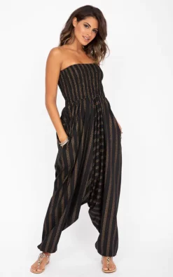 Wholesale ⌛ Likemary 2 In 1 Cotton Harem Pants & Bandeau Jumpsuit In Black And Gold Stripes Print ????