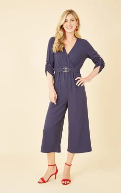 Flash Sale ???? Mela London Mela Wrap Over Stretch Jumpsuit With Gold Belt In Navy ????