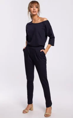 Best deal ???? MOE Cozy And Comfy Cotton Asymmetric Jumpsuit In Navy Blue ????