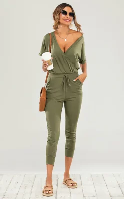 Best deal ???? FS Collection Stretch Wrap Jumpsuit With V Neck In Olive Green ????
