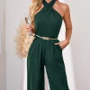 Best deal ???? FS Collection Halter Neck Back Detail Jumpsuit In Forest Green + Free Chic Gold Stretch Belt ????