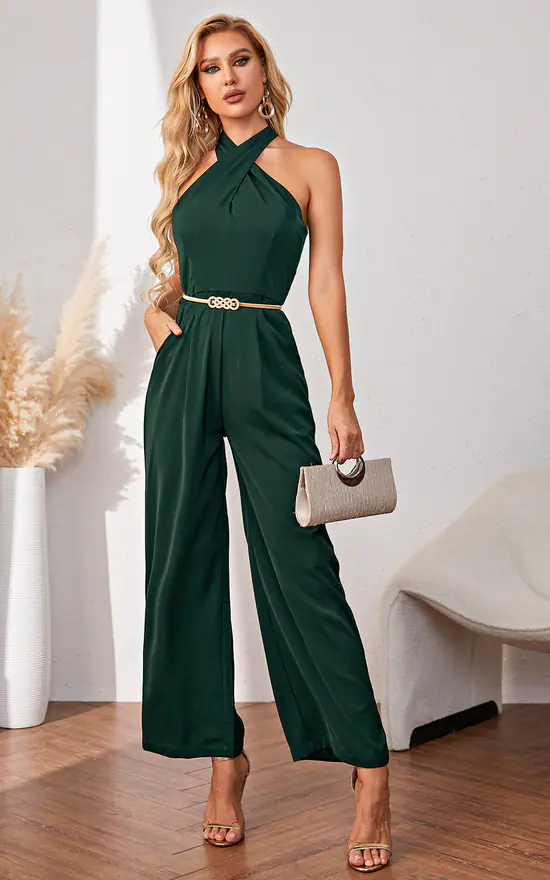 Best deal ???? FS Collection Halter Neck Back Detail Jumpsuit In Forest Green + Free Chic Gold Stretch Belt ???? 2 Best deal ???? FS Collection Halter Neck Back Detail Jumpsuit In Forest Green + Free Chic Gold Stretch Belt ???? - Image 2