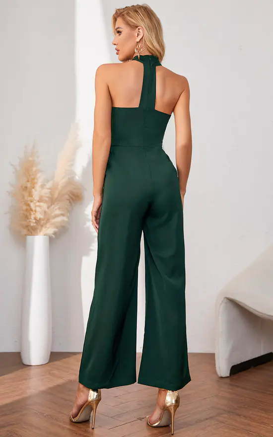 Best deal ???? FS Collection Halter Neck Back Detail Jumpsuit In Forest Green + Free Chic Gold Stretch Belt ???? 3 Best deal ???? FS Collection Halter Neck Back Detail Jumpsuit In Forest Green + Free Chic Gold Stretch Belt ???? - Image 3