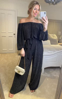 Best Sale ✔️ Bullet Mara Off The Shoulder Jumpsuit Black And Gold ????