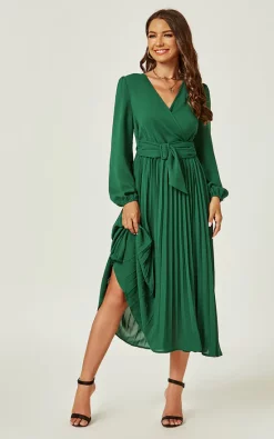 Wholesale ✨ FS Collection Long Sleeve Pleated Midi ???? Dress In Dark Green ✨