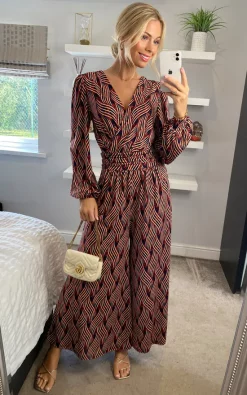 Best Sale ???? JOLIE MOI Devora Long Sleeve Jumpsuit In Red Multi ????
