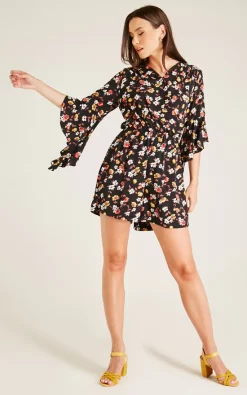 Wholesale ✨ Dusty Pink Waterfall Sleeve Printed Mini Playsuit | Black ????