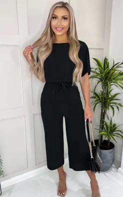 Wholesale ⭐ AX Paris Black Tie Waist Short Sleeve Culotte Jumpsuit ????