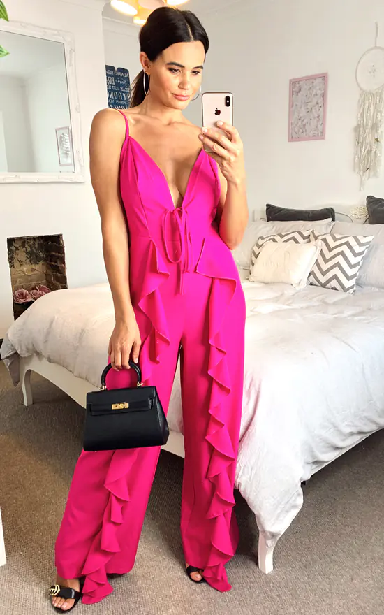 Discount ⭐ Shikha London Wide Ruffle Leg Strappy Jumpsuit Magenta ✨ 1 Discount ⭐ Shikha London Wide Ruffle Leg Strappy Jumpsuit Magenta ✨