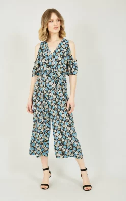 New ???? Mela London Mela Flower Cold Shoulder Jumpsuit In Navy ????