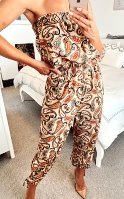 Hot Sale ❤️ Shikha London Bardot Tie Leg Bandeau Jumpsuit With Paisley Print In Beige ???? -Jolie Moi shop unnamed file 575