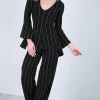 New ???? Oops Fashion Long Frill Sleeve Wide Leg Jumpsuit In Monochrome Stripe ????