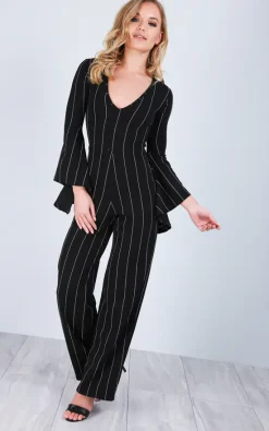 New ???? Oops Fashion Long Frill Sleeve Wide Leg Jumpsuit In Monochrome Stripe ????
