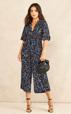 Hot Sale ✨ Bella And Blue Kimono Knot Top Culotte Jumpsuit In Black With Blue Print ????