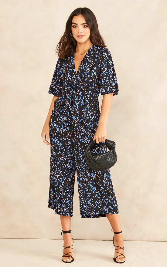 Hot Sale ✨ Bella And Blue Kimono Knot Top Culotte Jumpsuit In Black With Blue Print ???? 1 Hot Sale ✨ Bella And Blue Kimono Knot Top Culotte Jumpsuit In Black With Blue Print ????