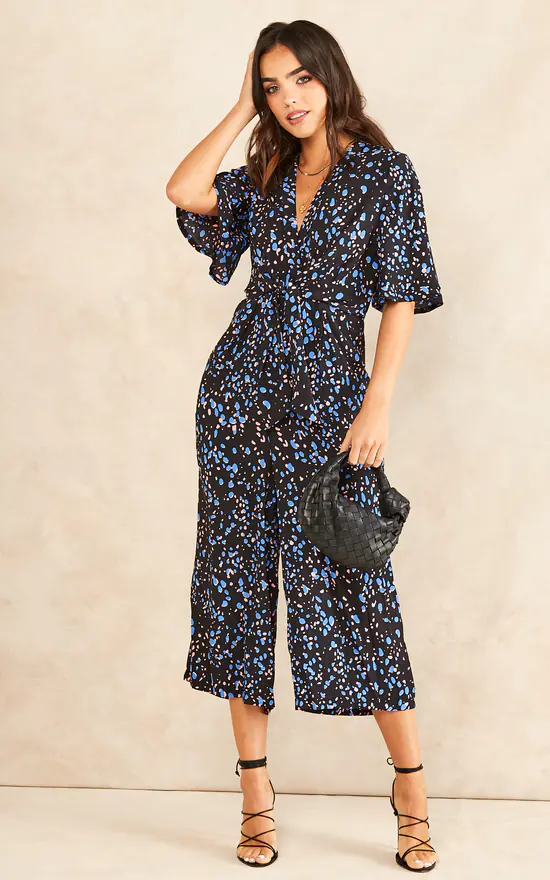 Hot Sale ✨ Bella And Blue Kimono Knot Top Culotte Jumpsuit In Black With Blue Print ???? 2 Hot Sale ✨ Bella And Blue Kimono Knot Top Culotte Jumpsuit In Black With Blue Print ???? - Image 2