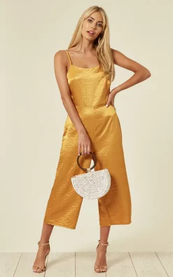 Wholesale ???? SlayTwins Celia Satin Strappy Culotte Jumpsuit In Marigold Yellow ????