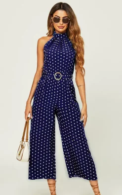 Best deal ???? FS Collection High Neck Jumpsuit In Navy Polka Dot ????
