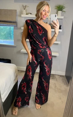 Best deal ❤️ Honor Gold Khloe Red Black One Shoulder Floral Jumpsuit ????