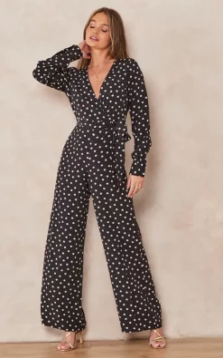 Cheapest ???? Nikka Wide Leg Wrap Jumpsuit In Black And White Jacquard Polka Dot ????